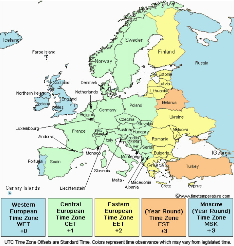 Карта часовых поясов Европы. Карта временных зон Европы. Временные зоны Европы. Часовые зоны Европы.
